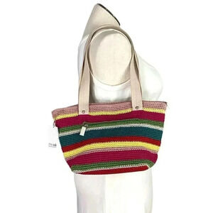 The Sak Mendocino Stripe Crochet Small Double Strap Zip Top Tote Vegan NEW Multi